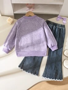 SHEIN Elladie kids 女童韓系簡約花卉刺繡棕色長袖開襟外套，搭配開衩喇叭牛仔長褲，秋季7歲生日穿搭 - 淡紫色 - 查看 2
