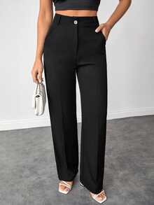 EURMUSE Plus Size Women Solid Color High Waist Straight Leg Pants For Everyday Wear - Black - View 3
