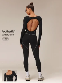 GLOWMODE 28" FeatherFit™ Keep Glowing Color-Blocked Contour Bodysuit With Cutout Back & Thumbholes Yoga Pilates Studio Daily Active Wear - Black - View 1