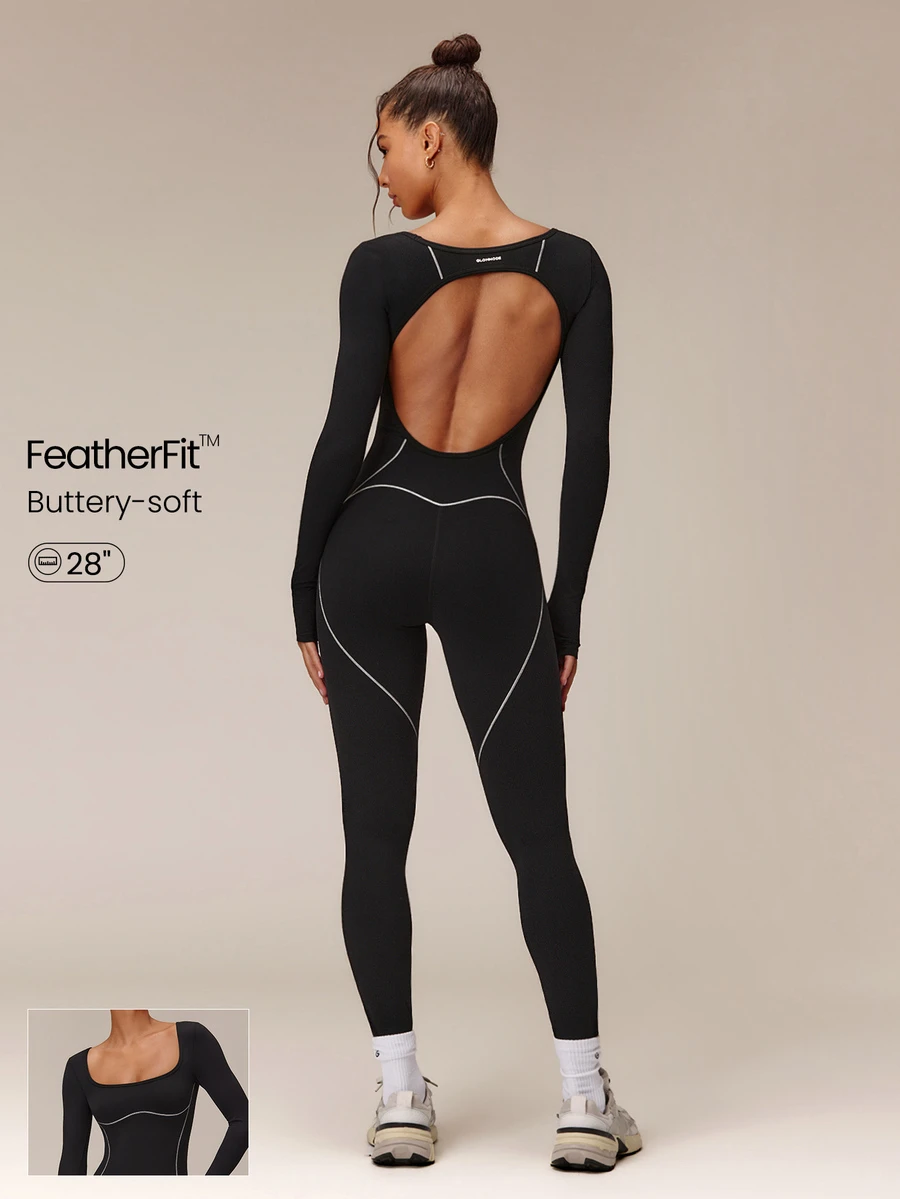 GLOWMODE 28" FeatherFit™ Keep Glowing Color-Blocked Contour Bodysuit With Cutout Back & Thumbholes Yoga Pilates Studio Daily Active Wear - Black - View 1