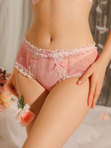 DelicateAllure Pink Mesh Patchwork Sheer Lace Patchwork Ruffled Bow Cute Women's Triangle Panties - Pink - View 3