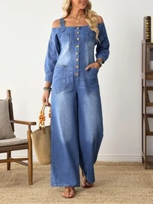 EMERY ROSE Jumpsuit Denim Boho Longgar dengan Tali Bahu yang Dapat Diatur, Cocok untuk Perjalanan Sehari-hari, Jalan-jalan, Pesta, dan Acara Lainnya - Biru - View 7
