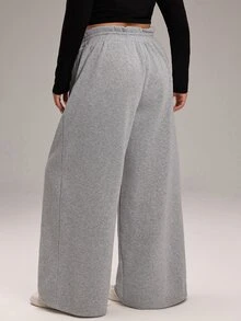 EMERY ROSE Plus Size Women Solid Color Casual Wide Leg Pants For Daily Wear - Grey - View 7