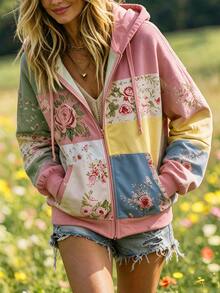 Selamara Women's Vintage Sweet Pink Tone Multi-Color Patchwork Oil Painting Rose Print Long Sleeve Sweatshirt, Drawstring Hood Loose Fit Flattering Long Sleeve Versatile Casual Commute Zip-Up Sweatshirt - Pink - View 3