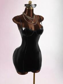 Bumpella 紅色PU皮革無肩帶緊身迷你洋裝，內建胸墊，適合時尚派對、夜店外出的性感秋季洋裝 - 黑色 - 查看 9