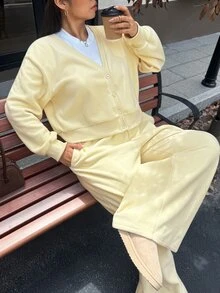 Muchica Plus Size V-Neck Long Sleeve Single-Breasted Top With Pocket And Solid Color Pants 2 Pieces Set - Yellow - View 1