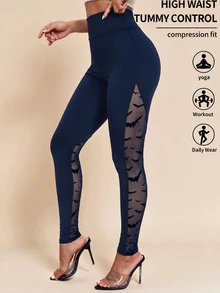 SHEIN Clasi Women's Solid Color Mesh Patchwork Elastic Knit Leggings - Navy Blue - View 5