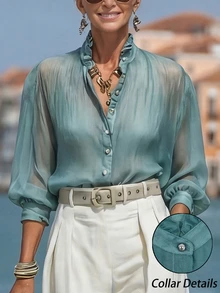 Linhara Plus Size Women's French Style Ruffle Collar Tencel Linen Shirt, Teal 3/4 Sleeve Blouse, Suitable For Commuting Vacation Brunch Office Summer Elegant - Teal Blue - View 1