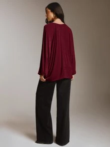 COSMINA Women's V-Neck Ruffle Trim Pleated Design Loose Fit Top, Comfortable Fabric Fashionable Design Top - Burgundy - View 6