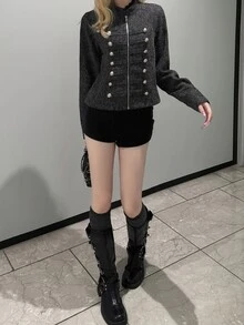 FRIFUL Women's Long Sleeve Zip-Up Button Design Casual Napoleon Jacket - Black - View 4
