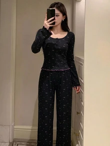 DAZY 2pcs Bow Print Fitted Long Sleeve T-Shirt & Long Pajama Pants Women's Sleepwear Set - Black - View 4