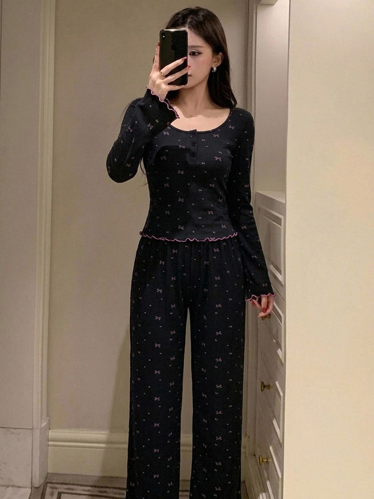 DAZY 2件組蝴蝶結印花修身長袖T恤與長款睡褲女款睡衣套裝 - 黑色 - 查看 4