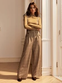 Écloséra Overall Model Celana Lebar Khaki Vintage Kotak-kotak Gaya Prancis - Coklat - View 4