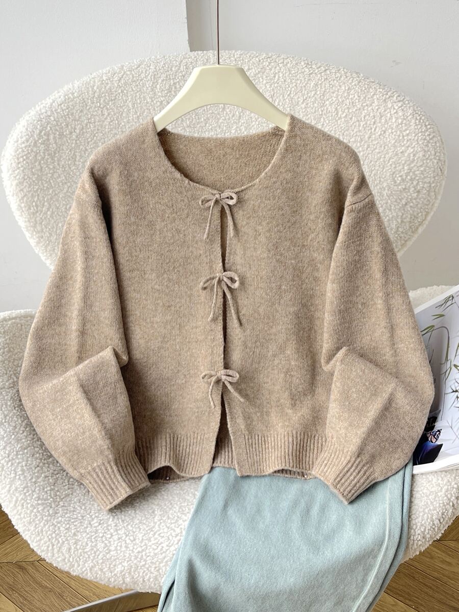 SHEIN 少女米色開襟衫,秋季休閒度假返校簡約舒適圓領長袖蝴蝶結少女冬季毛衣,波點 - 卡其色 - 查看 1