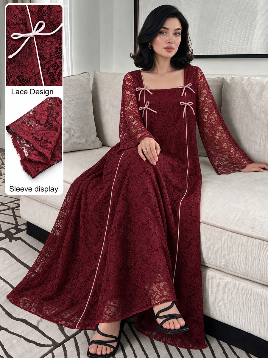 Al Najma Women Spring Fall Elegant Wine Red Lace Square Neck Flare Sleeve Pink Bow Decor Loose Dress Modest Outfit For Banquet And Visiting