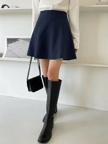 DAZY 女款純色高腰休閒百搭裙 - 藏蓝色 - 查看 4