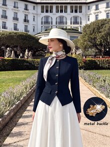 Modelyn Women's Round Neck Metal Button Top & Solid Color Skirt Fashion Elegant Set - Navy Blue - View 7