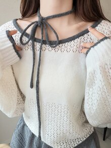 FRIFUL Women's Tie Design Contrast Trim Long Sleeve Hollow Out Versatile Sweater - Apricot - View 3