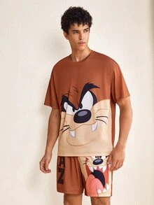 LOONEY TUNES X SHEIN Men's Cartoon Print Short Sleeve Top And Shorts Loungewear Set - Brown - View 5
