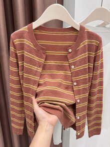 SHEIN LUNE 女款休閒法式夏日度假通勤日常基礎時尚穿搭 秋冬磚紅色極簡長袖針織毛衣上衣 早午餐 - 卡其色 - 查看 3