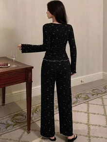 DAZY Women's 2-Piece Pajama Set With Bow Print, Frill Trim, Slim Fit Long Sleeve Top And Long Pants - Black - View 2