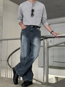 DAZY 春秋款白色圓領半鈕扣貼袋設計男士T恤 - 灰色 - 查看 5