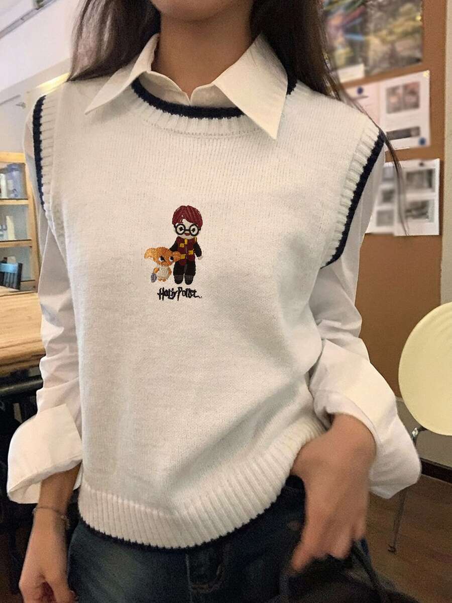 DAZY 女款冬季米色V領無袖素色寬鬆羅紋針織休閒百搭毛衣背心 - 米色 - 查看 1