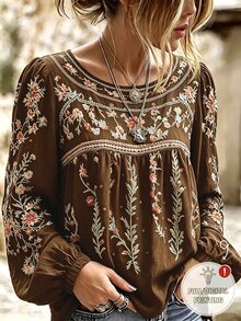 SHEIN 波西米亞復古休閒外出圓領花卉圖案長袖襯衫 - 棕色 - 查看 1