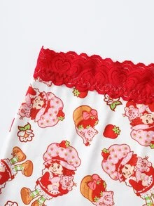 Strawberry Shortcake X SHEIN Plus Size Women's Cartoon Print Waist Contrast Lace Panties - Red - View 4