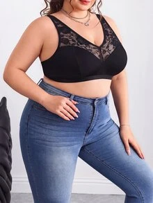 SHEIN CURVE+ Plus Size Solid Color Mesh Insert Wireless Curved Brasummer/Country/Beach Vacation Outfits - Black - View 6