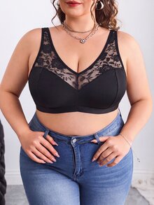 SHEIN CURVE+ Plus Size Solid Color Mesh Insert Wireless Curved Brasummer/Country/Beach Vacation Outfits - Black - View 3