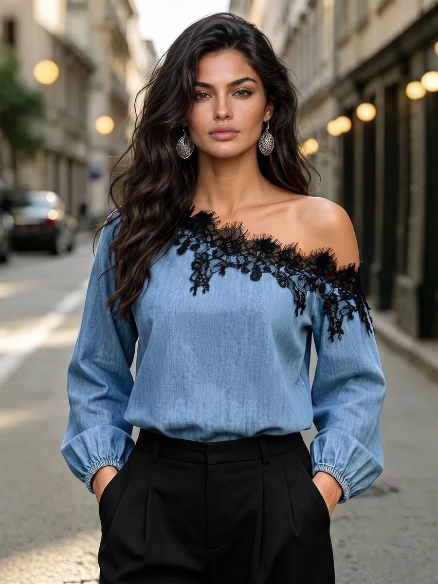 Balvessa Women's Lace Patchwork Asymmetric Shoulder Casual Everyday Denim Top - Blue - View 1