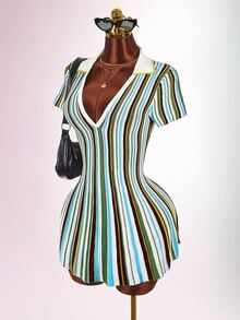 Amplova Colorblock Striped Polo Collar Cinched Waist A-Line Knit Mini Dress - Multicolor - View 10