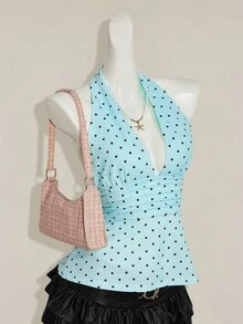 SHEIN ICON 掛脖深V領收腰A字露背波點背心上衣 - 淺藍色 - 查看 6