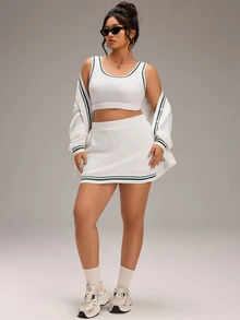 EMERY ROSE Plus Size Contrast Color Wide Strap Tank Top & Bodycon Mini Skirt & Knit Cardigan, Suitable For Sports Wear - White - View 3