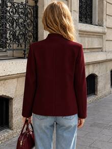 SHEIN PariChic 秋季新品柔軟鈕扣環飾通勤風波爾多紅法式復古立領長袖修身短版夾克 - 酒紅色 - 查看 2