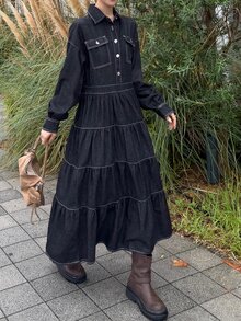 FRIFUL Women's Pleated Casual Daily Summer Denim Dress - Black - View 2