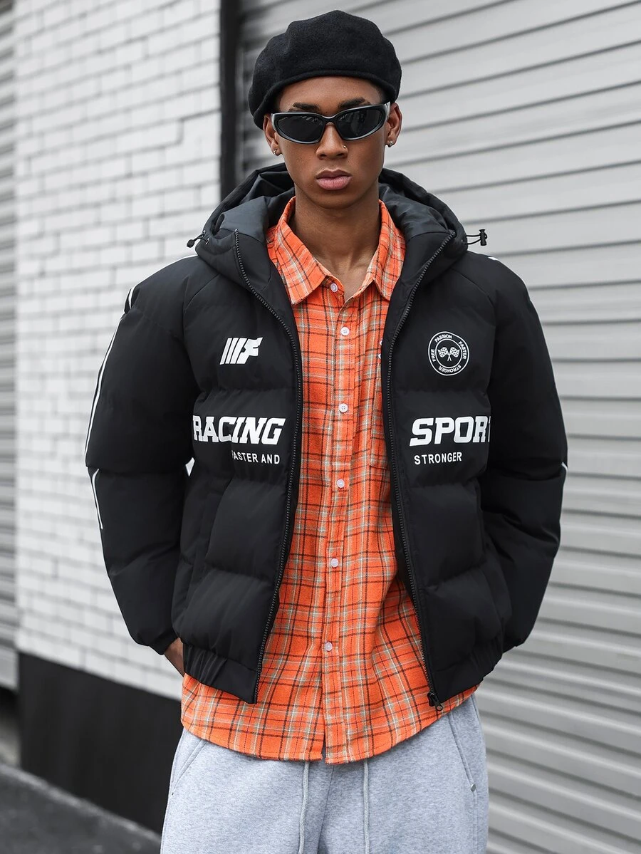 Major Grit Men's Motorcycle Letter Print Hooded Winter Jacket, Racing Sports Padded Coat, Autumn/Winter Style - Black - View 1