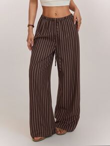 SHEIN PETITE Brown Striped Straight-Leg Trousers For Petite Women – Loose, Casual, And Suitable For Work. - Brown - View 1