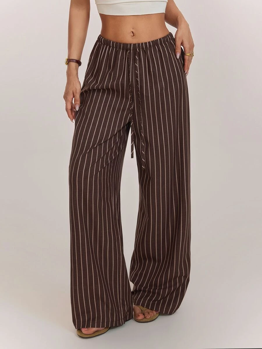 SHEIN PETITE Brown Striped Straight-Leg Trousers For Petite Women – Loose, Casual, And Suitable For Work. - Brown - View 1