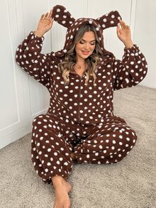 SHEIN CURVE+ Autumn/Winter Thermal Lined Brown Polka Dot Hooded Rabbit Ears Jumpsuit - Multicolor - View 7