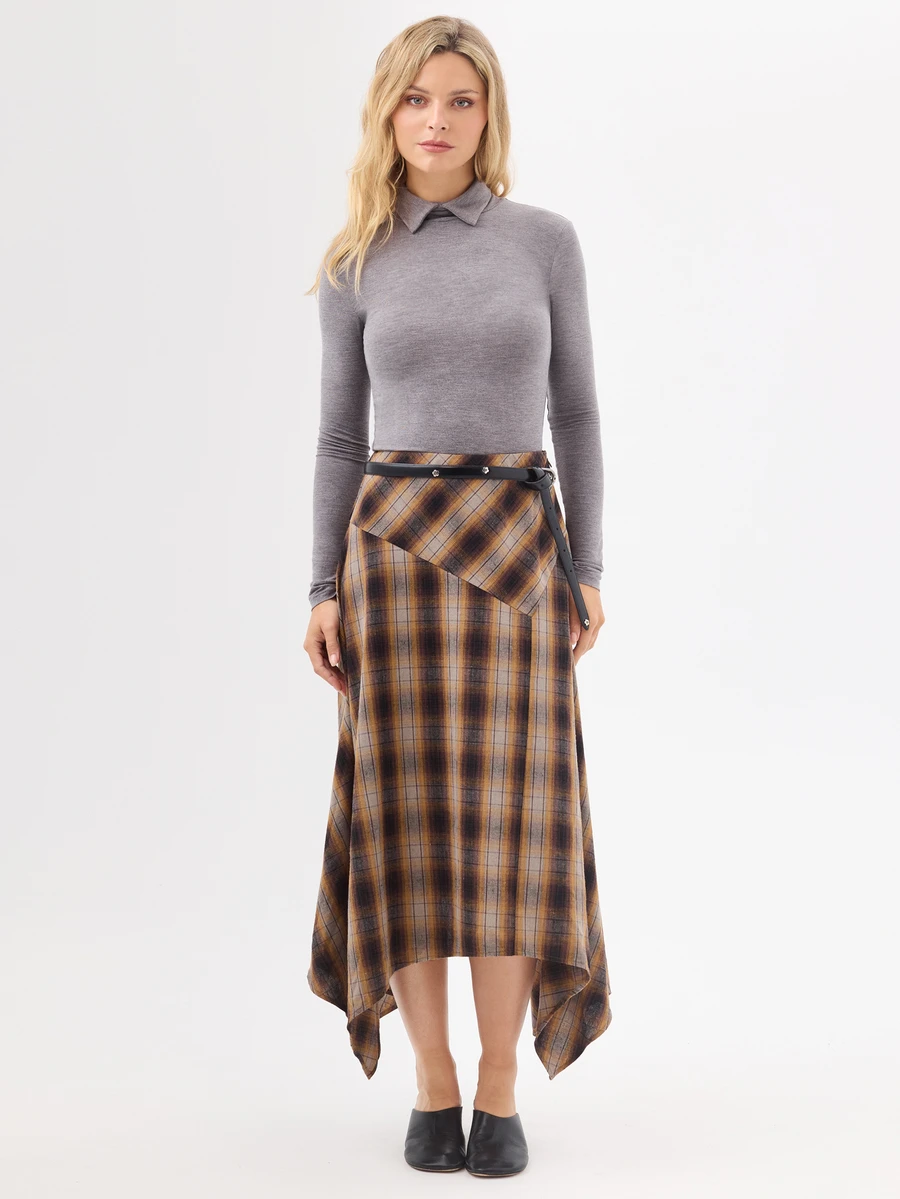 KÆRIA Hus Asymmetric Handkerchief Midi Skirt - Peached Drape - Brown Plaid - Plaid, Western, 90s, Draped, Boho