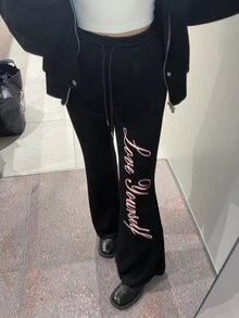 FRIFUL Women's Letter Print Drawstring Waist Casual Flare Leg Pants Fall - Black - View 3