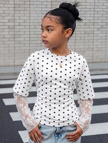 SHEIN 青少年女孩波點印花對比蕾絲二合一T恤 - 彩色 - 查看 1