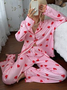 SHEIN 甜美條紋韓系愛心印花女款長袖長褲睡衣居家服 - 粉色 - 查看 6