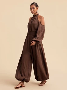 Travachic Women's Solid Color Cold Shoulder Casual Daily Wear Jumpsuit Lantern Pants - Khaki - View 7
