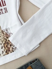 SHEIN 青少年女孩方領修身豹紋與中文字體破舊圖案長袖T恤，休閒簡約百搭，適合派對、聚會，復古龐克風，Y2K風格 - 白色 - 查看 4