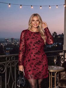 Auralis Plus Size Women's Boat Neck Backless Tie-Up Purple-Red Flocked Floral Pattern Elegant Fashion Party Holiday Birthday Short A-Line Dress For Christmas - Burgundy - View 4