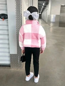 女童 2件組 格紋寬鬆套頭秋季運動衫 + 黑色內搭褲，休閒日常穿著，加厚款 - 粉色 - 查看 2