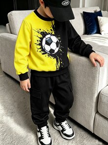 Genkimix Kids 2件組小男孩休閒運動學院街頭風足球圖案印花運動衫+長褲套裝，適合日常穿著、上學、外出、運動，春秋季適用，簡約優雅設計，舒適時尚，小男孩衣櫥的實用時尚選擇 - 黃色 - 查看 7